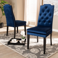 Baxton Studio BBT5158-Navy Blue-DC Dylin Modern and Contemporary Navy Blue Velvet Fabric Upholstered Button Tufted Wood Dining Chair Set of 2